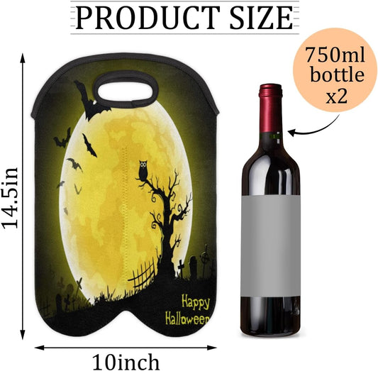 Vintage Sea Turtle 2 Bottle Wine Carrier Tote Bag Insulated Wine Bottles Neoprene Bag with Secure Carry Handle Portable Wine Cooler Bag for Travel Picnic Beach (Halloween Moon Owl)
