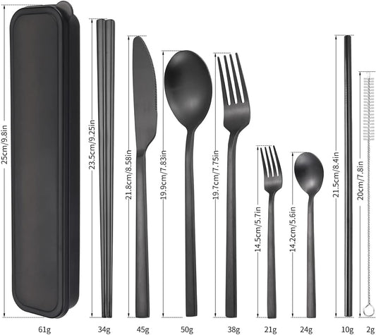 AARAINBOW 6 Pieces Stainless Steel Flatware Set Portable Reusable Cutlery Set Travel Utensils Set Including Chopsticks Knife Fork Spoon Straws Cleaning Brush Dishwasher Safe (B-Black)