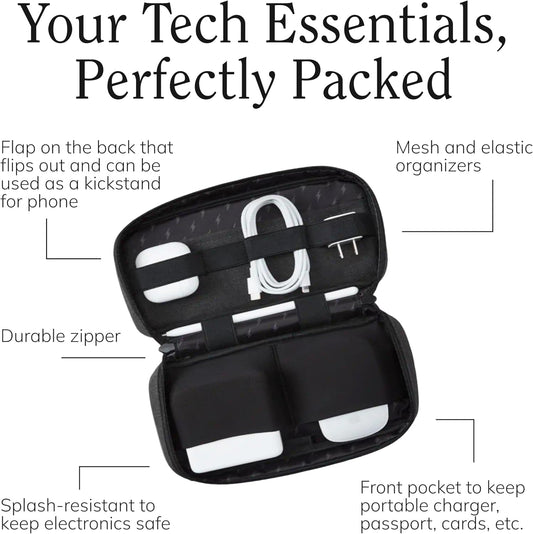 Halfday Sidekick Tech Organizer Kit | Flip-Out Kickstand for Phone/Tablet, Zip-Flat Pouch with Power Mesh & Elastic for Cable & Charger (Splash-Resistant Travel Electronics Accessories Case), Marine