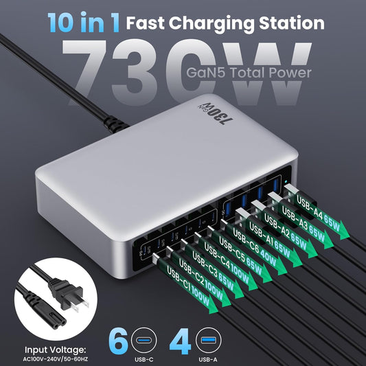 730W USB C Charger Block,GaN IV Fast Charging Station Hub 10 Ports,QC4.0+3 PD 100W USB C Laptop Charger Ports Power Adapter Compatible with MacBook Air/Pro,DELL,iPhone 16/15/14/13,iPad,Steam Deck - Roamly