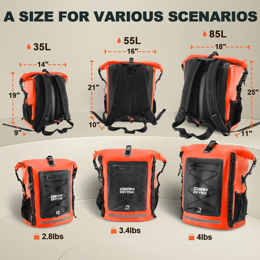 Waterproof Backpack Dry Bag 35L/55L/85L β Heavy Duty Roll-Top Hiking Backpack Sack Keeps Gear Dry for Travel, Kayaking, Boating, Camping, Rafting and Fishing