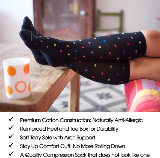 Cotton Compression Socks for Women & Men. 15-20 mmHg Support Knee-High Indigo Stripes M/L