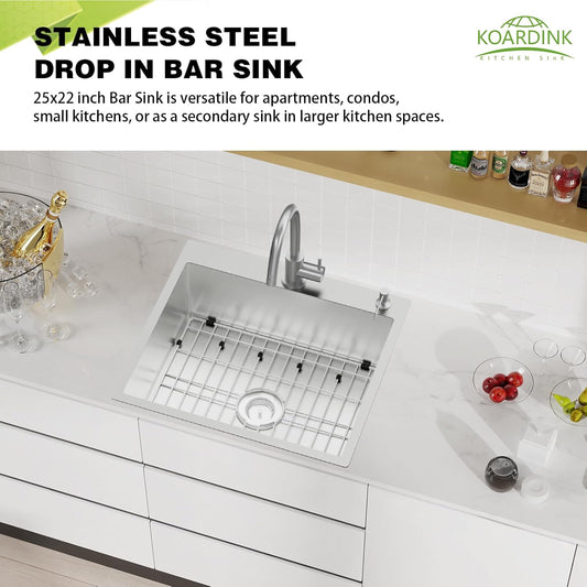 Stainless Steel Drop In Kitchen And Bar Sink - 25x22 Inch Single Bowl Topmount Bar Sink Come With SS Grid,Silicon Mat,Drain Strainer Set