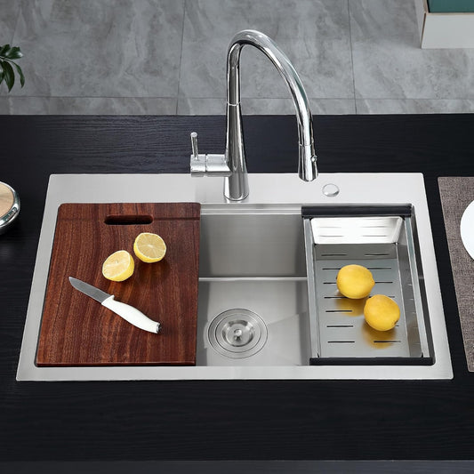 POPFLY 28 x 20 Inch Kitchen Sink, 28 Inch Stainless Steel Top Mount Drop in Workstation Sink, 9-Inch Deep Handmade Sinks with Cutting Board & Strainer, Brushed Nickel(28×20×9)