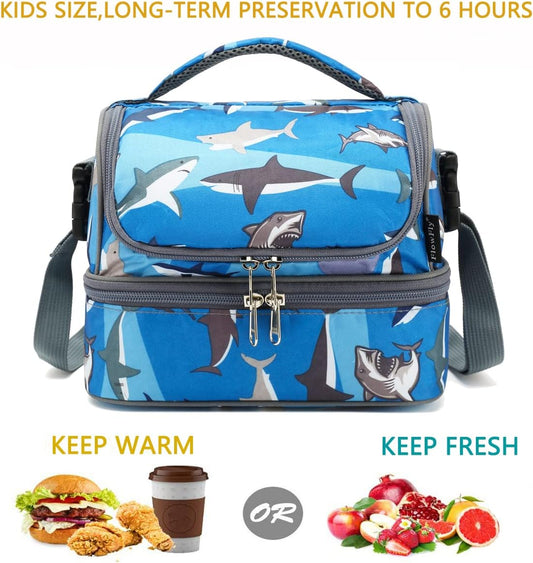 FlowFly Kids Double Decker Cooler Insulated Lunch Bag Large Tote for Boys, Girls, Men, Women, With Adjustable Strap, Shark