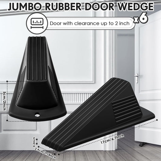 Frienda 6 Pcs Jumbo Door Stoppers Heavy Duty Door Stopper Tall up to 2inch Tall Wedge TPR Large Wedge Stackable Big Rubber Doorstop for Hotel Carpet Hardwood Concrete and Tile (Black)