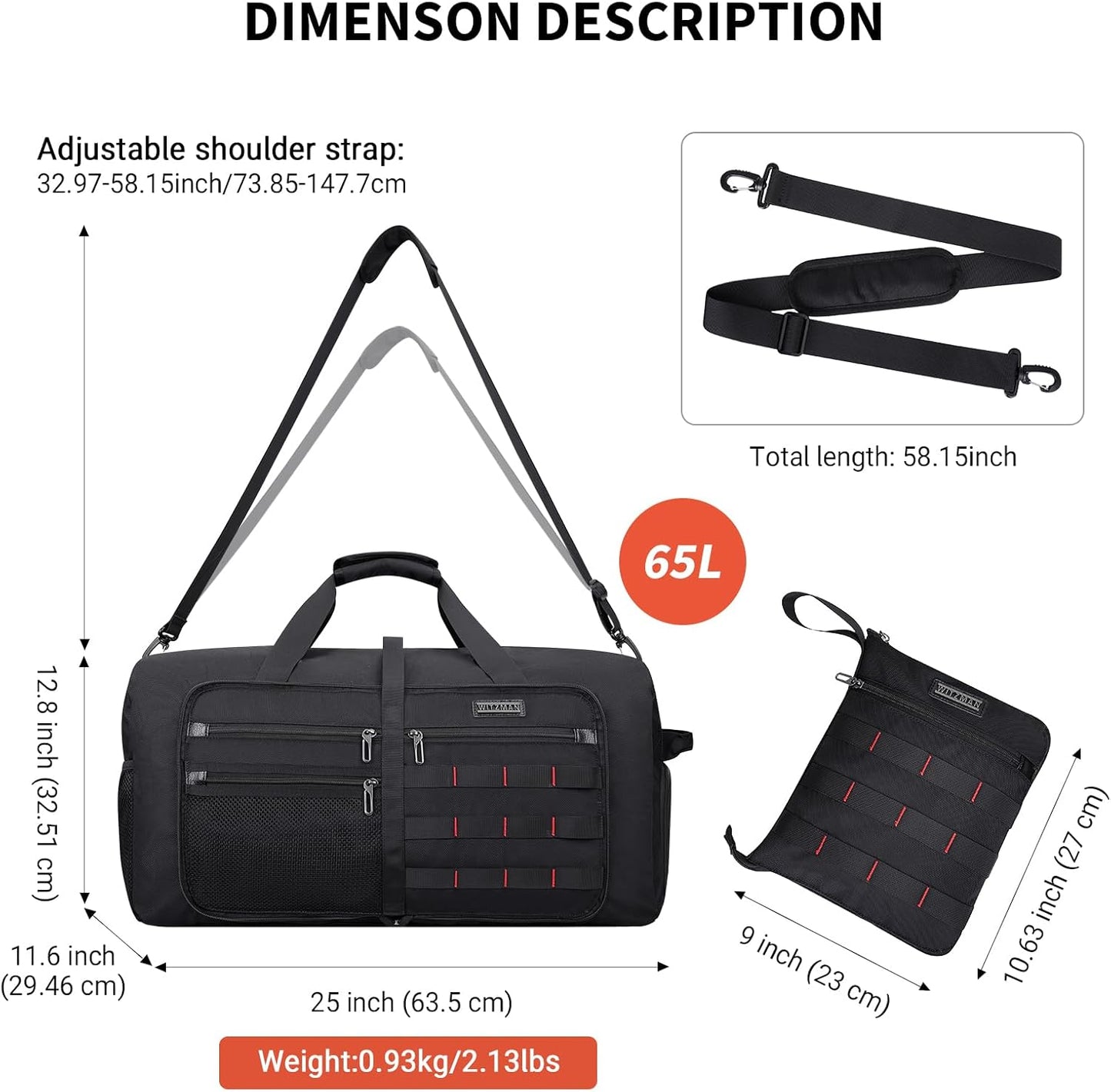 WITZMAN Foldable Duffle Bag for Travel 65L Lightweight Packable Duffel Bag with Shoes Compartment Overnight Bag for Men Women (B697 Black) - Roamly
