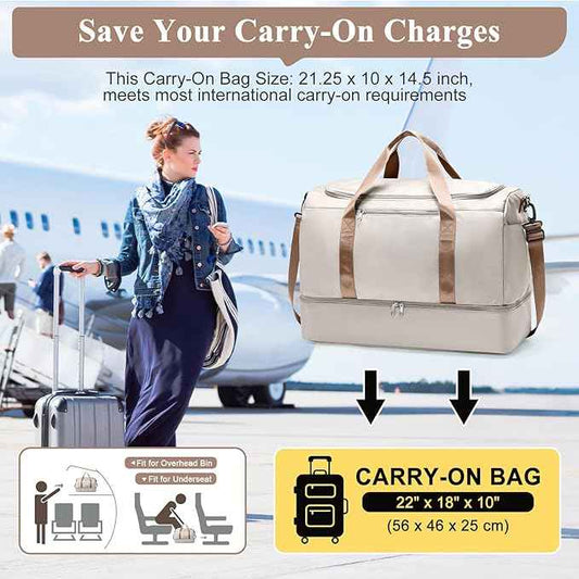 Extra Large Travel Duffle Bag,Carry on Overnight Bag with Shoes Compartment,Weekender Bags for Women for Travel Business Trips Sport Hospital,3 Pcs Set,Beige & Brown