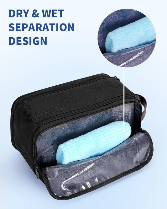 WANDF Toiletry Bag for Men Travel Toiletry Organizer Canvas and Leather Dopp Kit Water-Resistant Shaving Bag for Travel Accessories (Black, Large) - Roamly