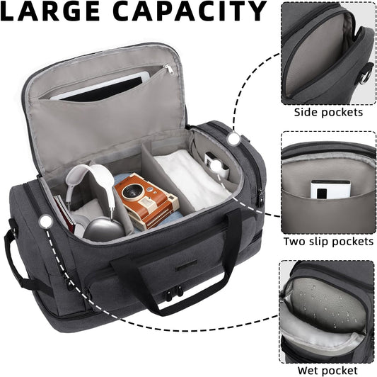 ZOMFELT Duffle Bag for travel, 40L Canvas Travel Duffel Bags for Men Women, Water Resistant Overnight Weekender Bag with Toiletry Bag & Shoe Compartment, Carry on Luggage Bag for Travel, Gym, Black - Roamly