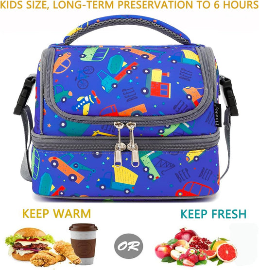 FlowFly Kids Double Decker Cooler Insulated Lunch Bag Large Tote for Boys, Girls, Men, Women, With Adjustable Strap, Car