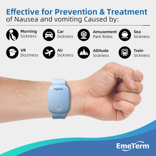 EmeTerm Fashion FDA-Cleared Relieve Nausea Electrode Stimulator Morning Sickness Motion Travel Sickness Vomit Relief Rechargeable No Gel Drug Free Wrist Bands Without Side Effects