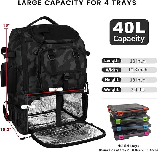 Hp hope Fishing Backpack with Rod Holders & Cooler, 40L Fishing Tackle Bag Fishing Tackle Storage Backpack Fishing Gear for Camping, Black Camo