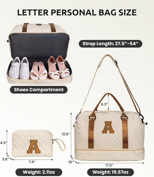Women Birthday Gift Ideas Teen Girls-Duffle Bag with Shoe Compartment, Personalized Weekender Bag, Monogram Overnight Bag, Letter Travel Bag with Makeup Bag, Birthday Gift for Kids (Letter O) - Roamly