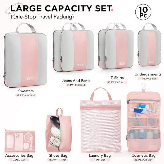 10 Set Compression Packing Cubes for Travel Essentials Women Mom,Compressible Expandable Packing Cubes for Suitcase,OlarHike Luggage Organizer Bags for Travel,Handy Helper for Organizing Clothes(Pink) - Roamly