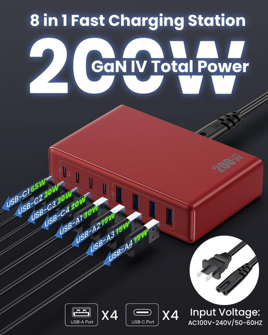 200W USB C Charger Block,GaN IV Charging Station 8 Ports,QC4.0 Fast Charging Station Hub+PD 65W USB C Laptop Charger Adapter Compatible with MacBook Air/Pro,DELL,iPhone 16/15,iPad,Steam Deck-Red - Roamly