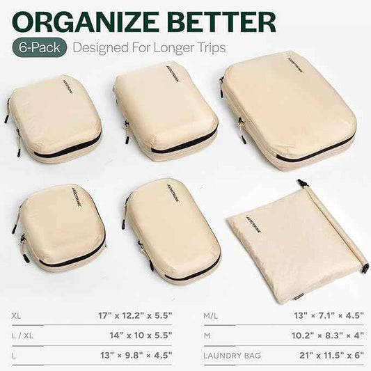 Aerotrunk Ultralight Compression Packing Cubes - Lightweight Travel Organizers for Suitcases and Luggage (6-Pack, Beige)