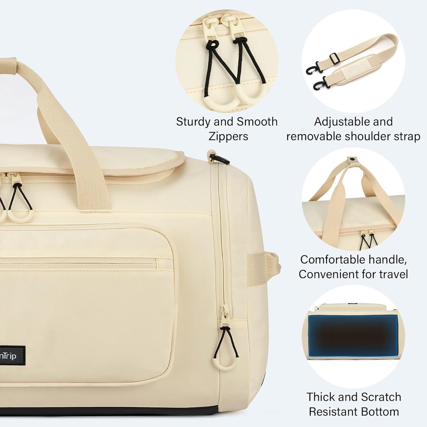 Large Travel Duffle Gym Bag with Shoe Compartment, Underseat Carry On Luggage Overnight Weekender Personal Item Workout Bags for Women Men (Offwhite) - Roamly