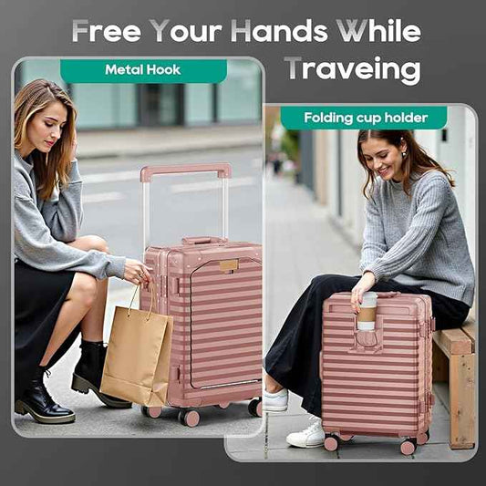 Joyway 20 Inch Carry on Luggage with Aluminium Frame and Front Pocket, PC Hardshell Suitcase with USB Port and Cup Holder, 21.5x14.2x9 Airline Approved, Luggage with Spinner Wheel TSA Lock(Rose Gold)