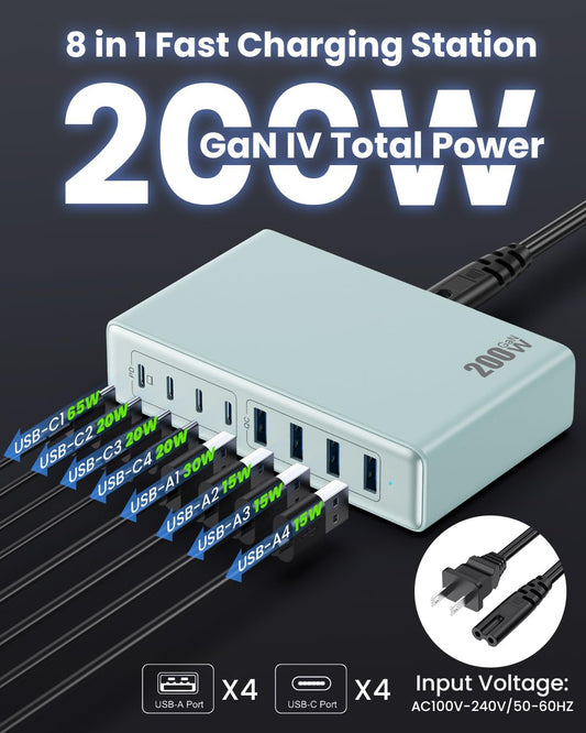 200W USB C Charger Block,GaN IV Charging Station 8 Ports,QC4.0 Fast Charging Station Hub+PD 65W USB C Laptop Charger Adapter Compatible with MacBook Air/Pro,DELL,iPhone 16/15,iPad,Steam Deck-Sky Blue - Roamly