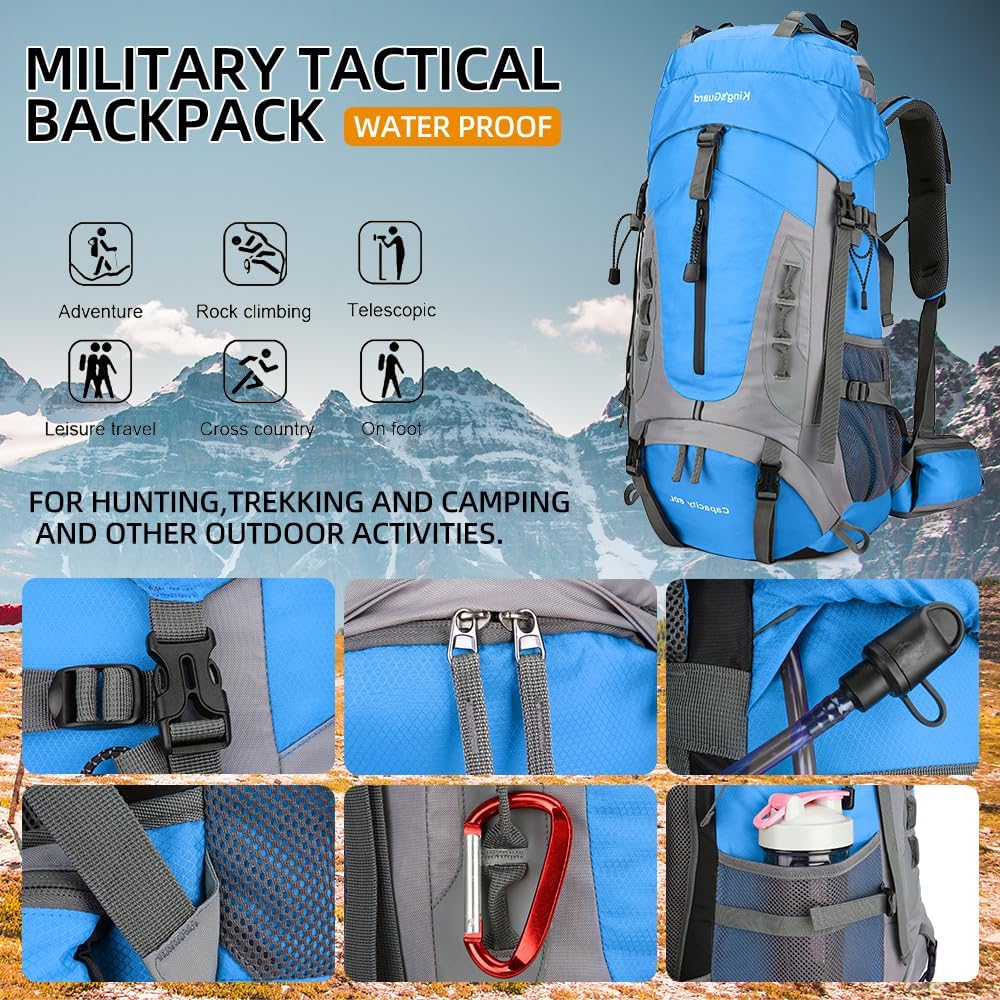 King'sGuard 60L Hiking Backpack Lightweight Camping Backpack with Rain Cover Large Waterproof Packable Outdoor Trekking Travel Backpack for Men Women (Blue) - Roamly