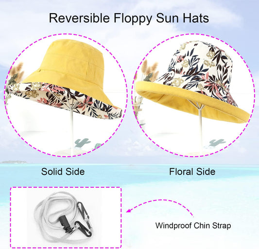 Women Wide Brim Sun Hats Metal Wired Edge Summer UV Protection Beach Fishing Hat for Hiking Garden Travel Chin Strap