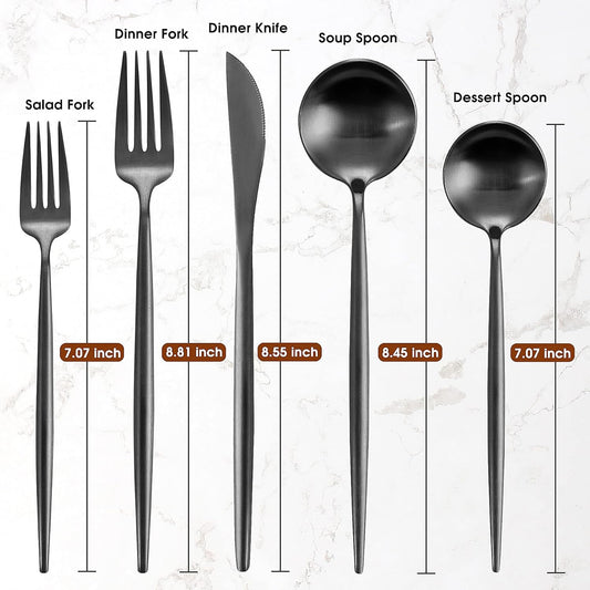 Silverware Set for 8, IBIILII JEFF 40 Pieces Stainless Steel Flatware Set,Matte Black Kitchen Utensil Set, Tableware Cutlery Set, Spoons And Forks Set, Satin Finished Polished & Dishwasher Safe