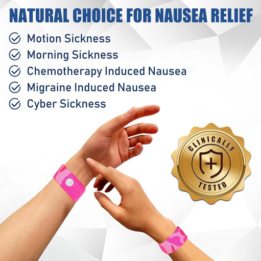 Motion Sickness Bands Anti Nausea Wristband for Adult and Kids Morning Sickness Relief for Pregnant Women Acupressure Nausea Relief for Car, Sea, Air Sickness - 1 Pair Camo Pink