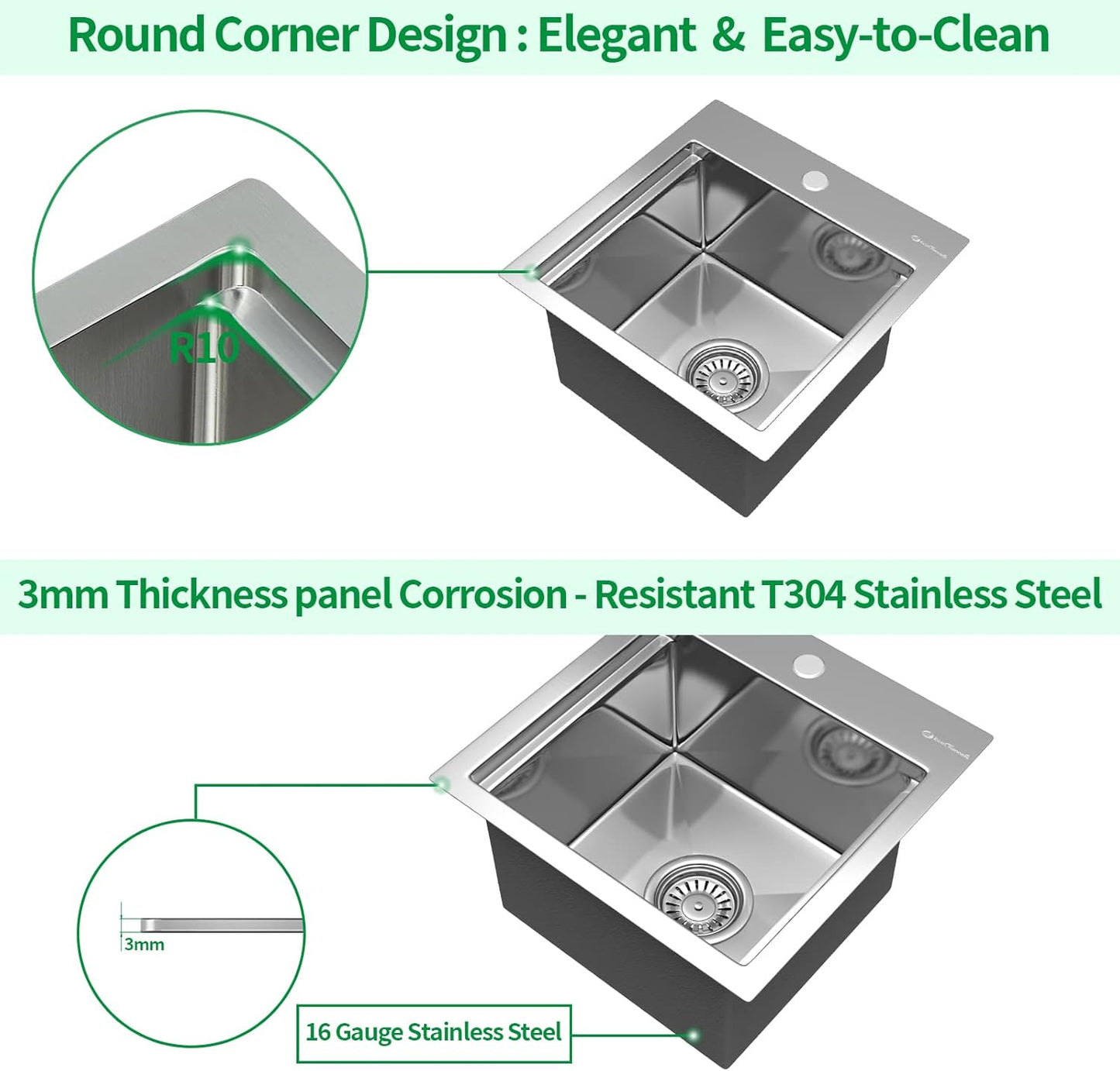 Kitchen Sink, 15 x 15 x 10 inch Small Bar Prep Sink 16 Gauge Stainless Steel Drop Single Bowl Workstation with Cutting Board