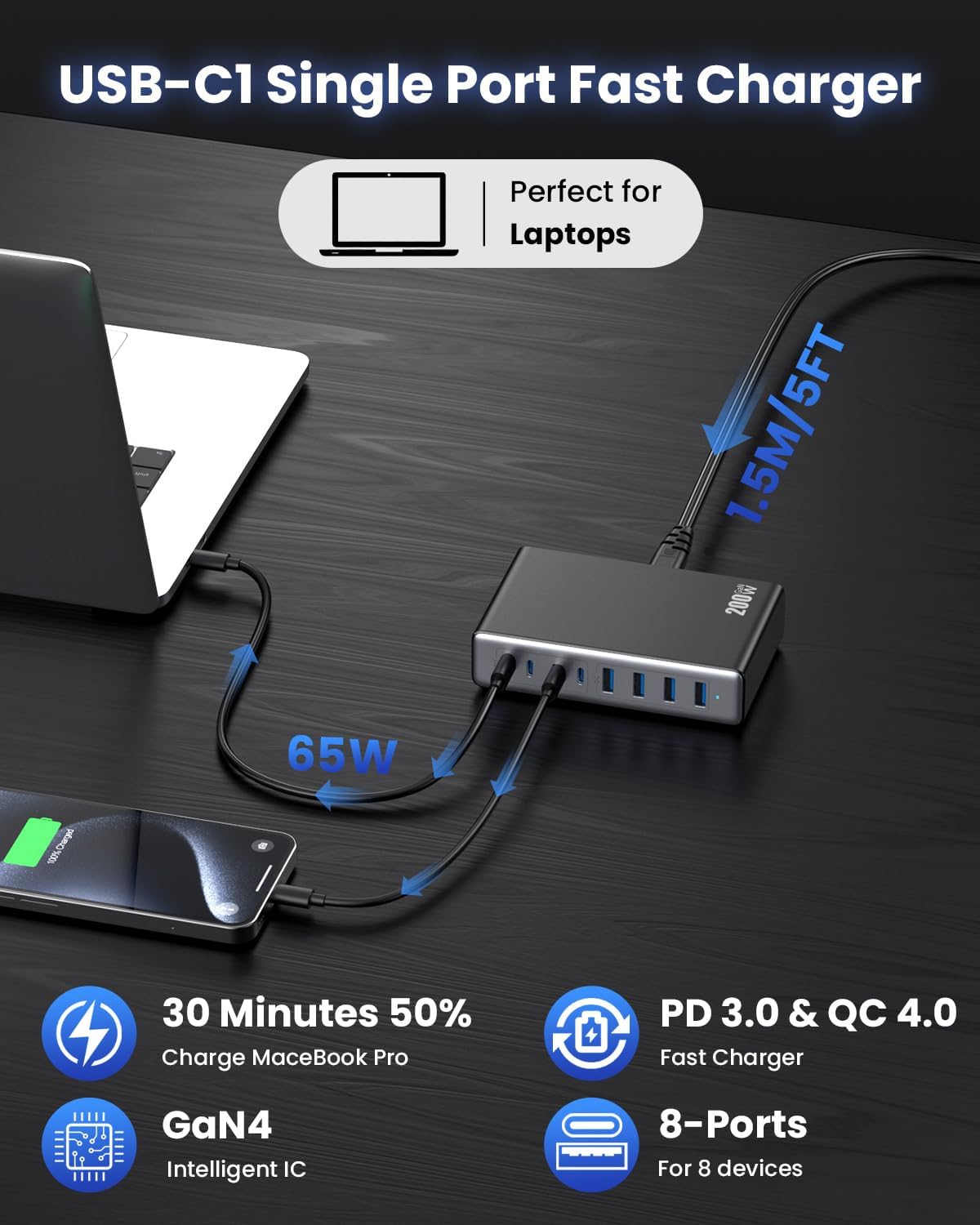 200W USB C Charger Block,GaN IV Charging Station 8 Ports,QC4.0 Fast Charging Station Hub+PD 65W USB C Laptop Charger Adapter Compatible with MacBook Air/Pro,DELL,iPhone 16/15,iPad,Steam Deck-Black - Roamly
