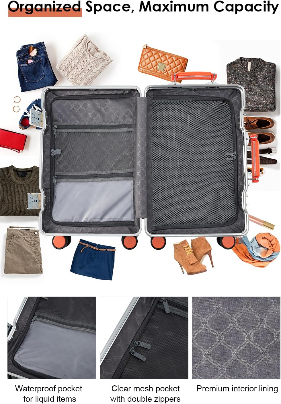 HotWay 20 Inch Carry On Luggage with Leather Handle, PC Zipperless Suitcase with Spinner Wheels and TSA Locks, 22x14x9 Airline Approved Luggage for Travel, Silver
