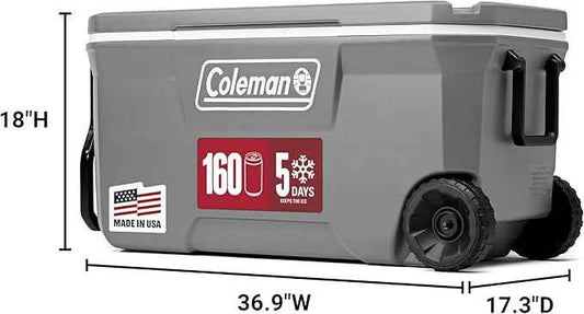Coleman Classic Series Insulated Portable Rolling Cooler with Wheels, Leak-Resistant Outdoor Hard Cooler Keeps Ice up to 5 Days, 100-Quart