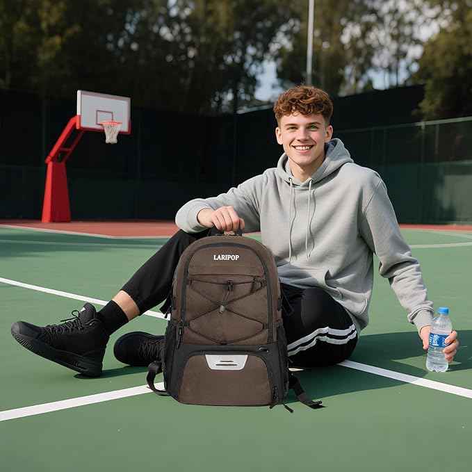 LARIPOP Basketball Bag, Sports Backpack with Ball Holder & Shoe Compartment, Water Resistant Gym Bag for Soccer Volleyball Travel