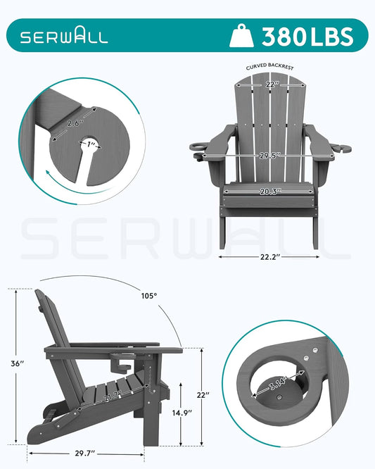 SERWALL Folding Adirondack Chair, Dual Cup Holders & All-Weather HDPE, Wood-Like Patio Chair for Backyard, Camping,Pool & Fire Pit- Grey