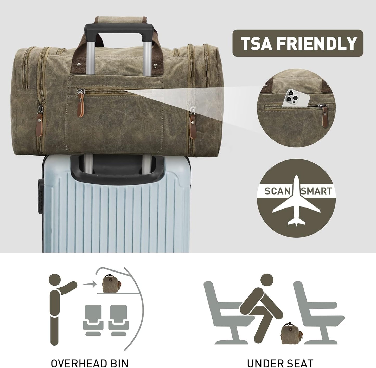 Wildroad Waxed Canvas Duffle Bag - 50L Waterproof Weekender Overnight Travel Bag - Roamly