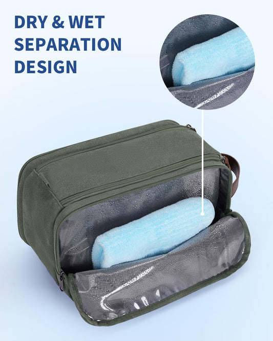 WANDF Toiletry Bag for Men Travel Toiletry Organizer Canvas and Leather Dopp Kit Water-Resistant Shaving Bag for Travel Accessories (Green, Large) - Roamly