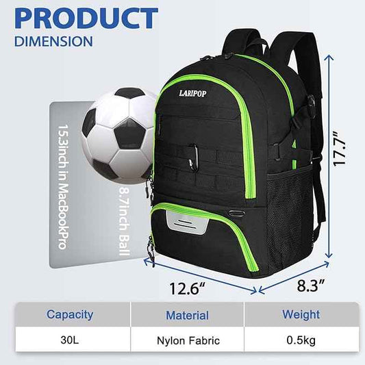 LARIPOP Soccer Backpack Soccer Bag with Ball Holder & Shoe Compartment Youth Sports Equipment Training Bag