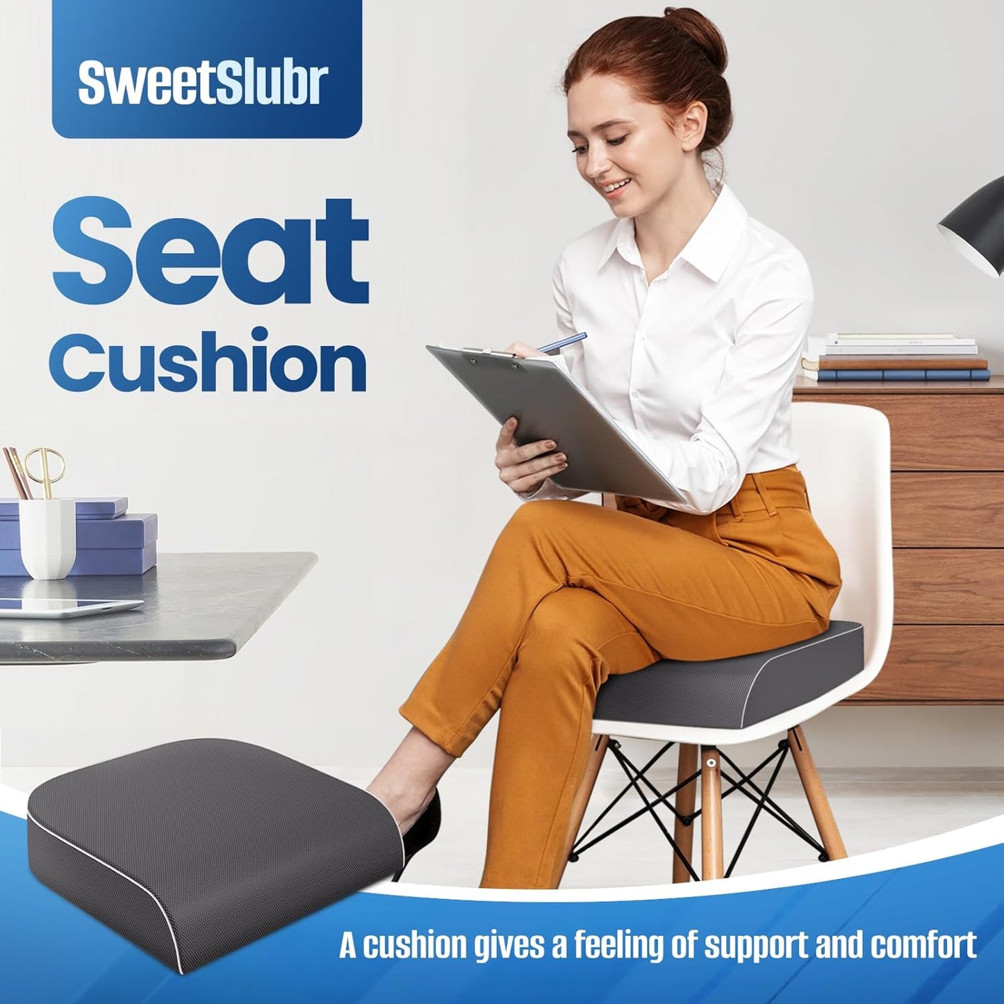 Seat Cushion for Tailbone Pain Relief, Office Chair Cushion, Memory Foam Large Chair Cushion with Non-Slip Cover for Soft Support at Office Chair, Car Seat, Airplane Grey/Large