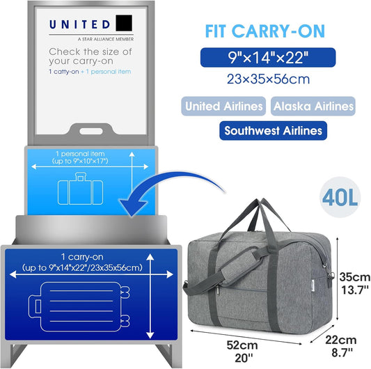 Narwey Foldable Carry on Luggage 22x14x9 Airline Approved Duffle Bag for Travel Packable Duffel Bag for Traveling Airplane for Women and Men 40L (Grey (With Shoulder Strap))