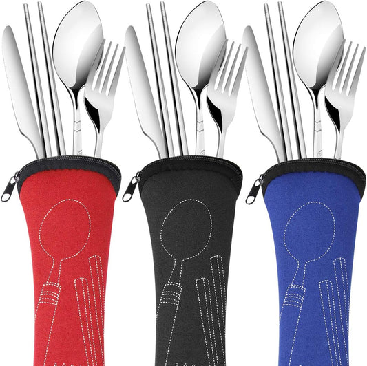 6 Pack Reusable Flatware Sets Knife, Fork, Spoon, Chopsticks, 24Pcs Portable Travel Stainless Steel Tableware Dinnerware with Carrying Case