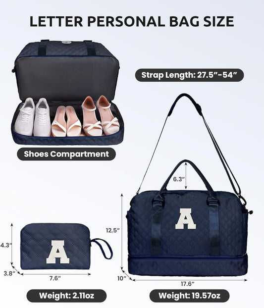 Women's Initial Duffle Bag - Personalized Weekender with Shoe & Makeup Compartments, Monogram Overnight Bag (Letter A) - Roamly