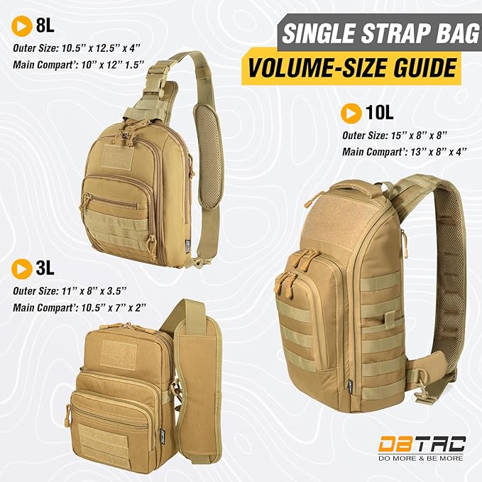 DBTAC Tactical Personal Defense EDC Bags & Packs | 10L Military Shoulder Backpack with Sling for Concealed Carry, Range, Travel, Hiking, Outdoor Sports (Brown)