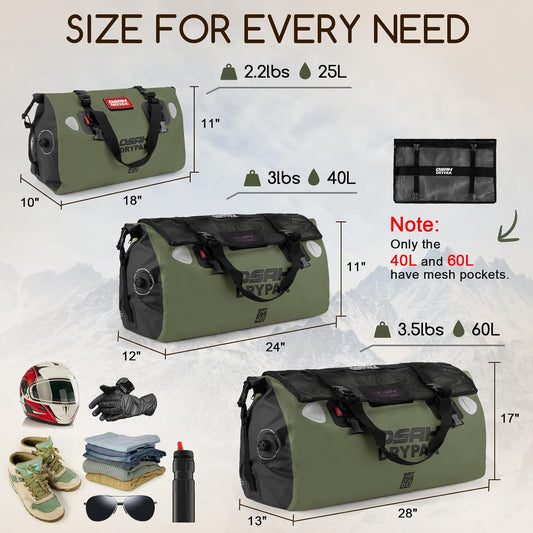 Waterproof Duffel Bag - Motorcycle Dry Bag Tail Bag with Large Storage Space, Waterproof Luggage Duffle Bags with Outer Mesh Zipper Pocket for Camping, Kayaking, Fishing & Traveling - Roamly