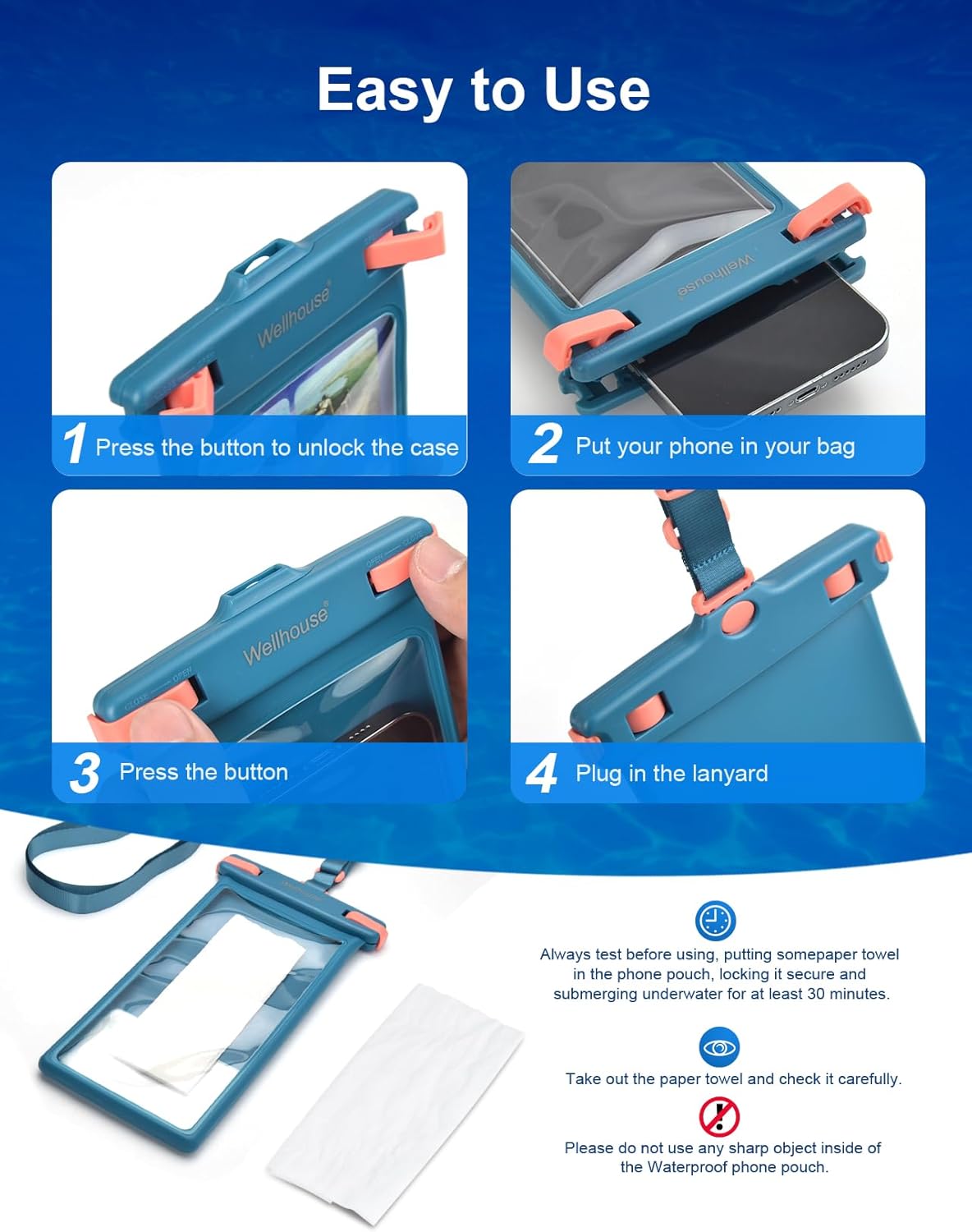 wellhouse Waterproof Phone Pouch, Waterproof Phone Case for iPhone 16 15 14 13 12 Pro Max XS Samsung, IPX8 3D Cellphone Dry Bag Beach Essentials (1 Pack - Blue8.0, 8 inch)