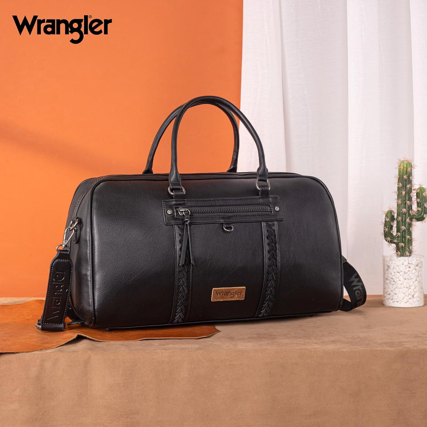 Wrangler Travel Duffel Bag Large Weekender Bag for Women Designer Carry on Overnight Bag for Trips Leather Luggage Bag Black - Roamly