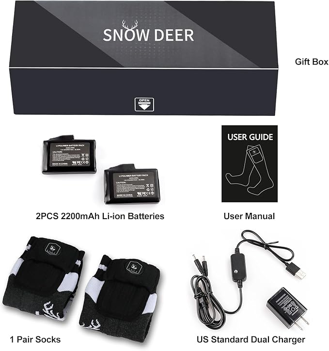 SNOW DEER Upgraded Rechargeable Electric Heated Socks,Ultimate Foot Warmer for Men & Women, Perfect for Skiing, Camping, Hiking, Motorcycling, &Outdoor Riding in Winter (S)