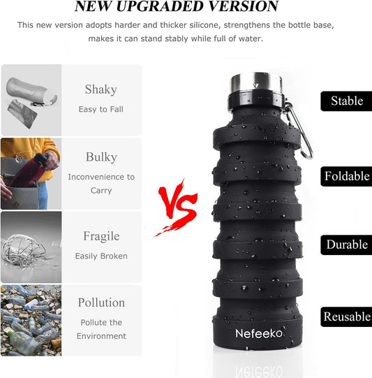 Nefeeko Collapsible Water Bottle, Reuseable BPA Free Silicone Foldable Water Bottles for Travel Gym Camping Hiking, Portable Leak Proof Sports Water Bottle with Carabiner