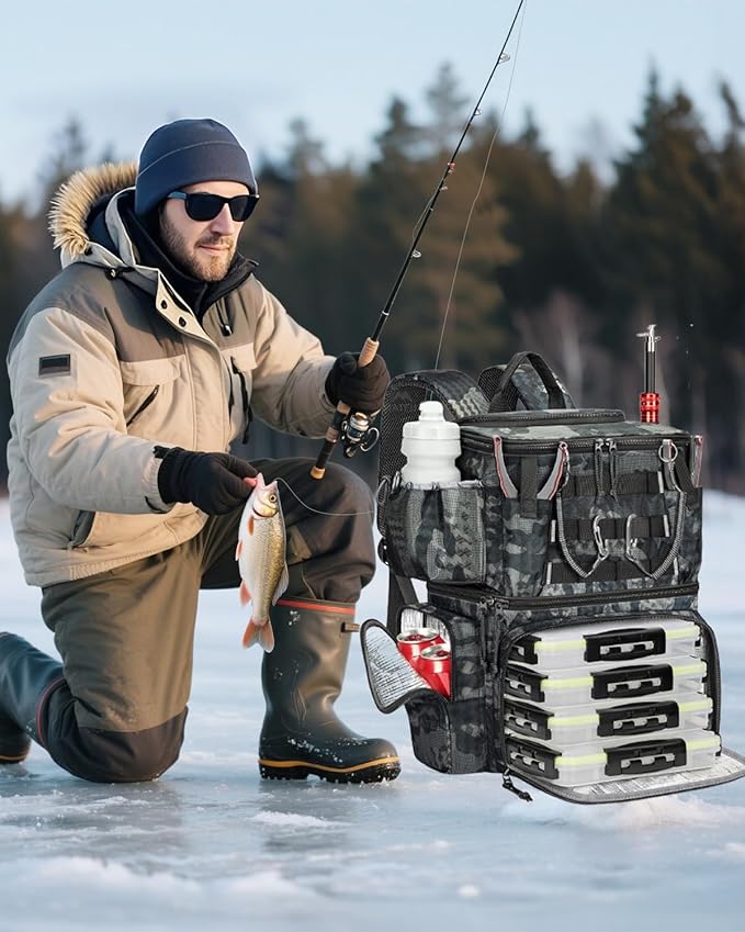 MATEIN Fishing Backpack with 4 Tackle Boxes, Fishing Bag with Rod Holder & Safety Compass & Cooler, Gifts for Fishermen