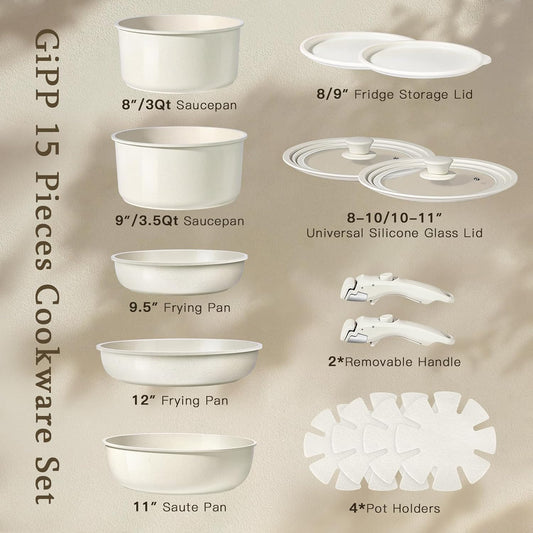 GiPP Ceramic Pots and Pans Set Non Stick, Nonstick Detachable Handle Cookware Sets, Healthy Non Toxic PFAS PFOA & PTFE Free, Dishwasher &Oven Safe, Induction Kitchen Pot and Pan, 15 Piece Cream