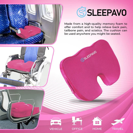 Sleepavo Office Chair Cushion - Seat Cushion for Tailbone Pain Relief - Butt Pillow for Coccyx, Sciatica, and Lower Back Pain - Orthopedic Chair Pad for Lumbar Support in Office Desk (Pink)